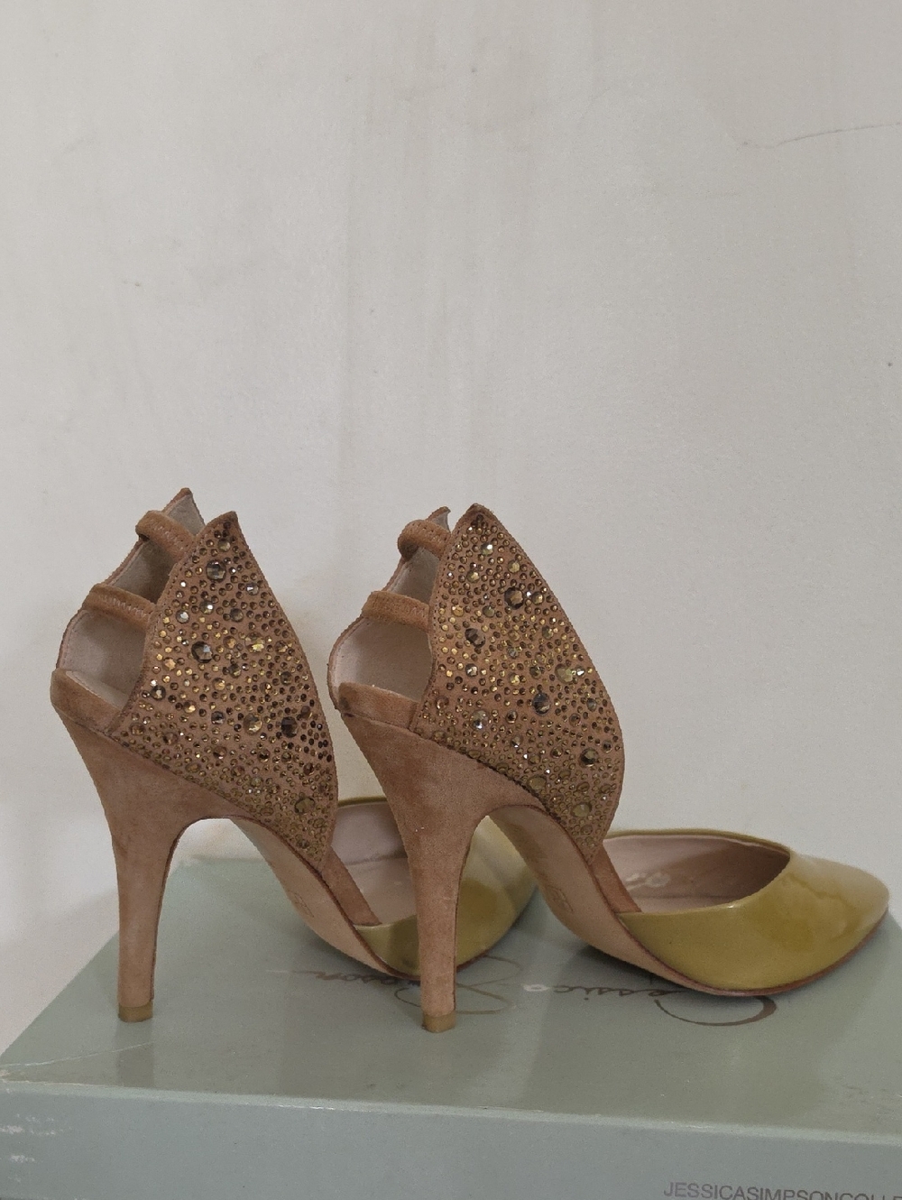 Jessica Simpson Two-Tone Crystal Suede and Patent High Heels - Tan and Olive